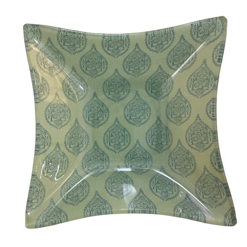 Decorative Glass Square Dish Green Blue Vintage Pattern Trinkets Ring Anthro 5.5